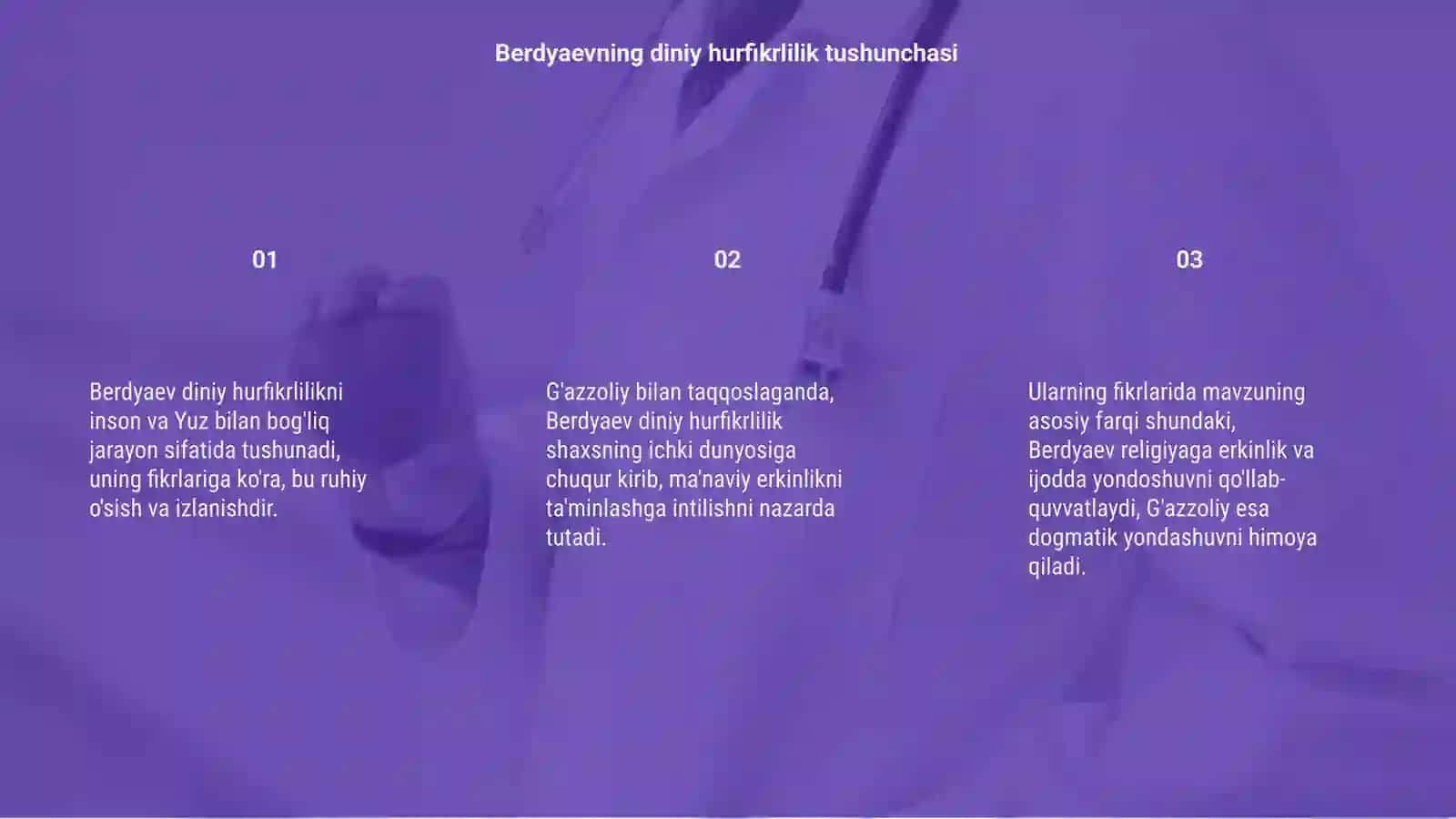 Din va hurfikrlilik "mavzuksioda prerzentatsiya tayyorlash (Berdyaevning diniy hurfikrlilik haqidagi g'oyalarini G'azzoliy g'oyalari bilan qiyoslash) 3
