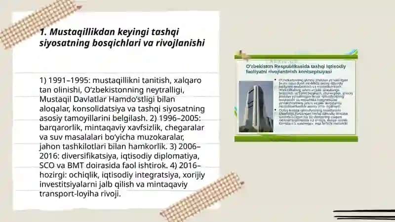 Oʻzbekiston Respublikasi tashqi siyosiy faoliyatining shaklllanishi va ustuvor yonalishlari 3