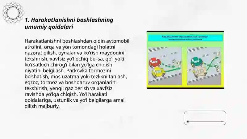 Harakatlanishni boshlash, manyovr qilish va yo'lning qatnov qismida transport vositalarining joylashuvi 3