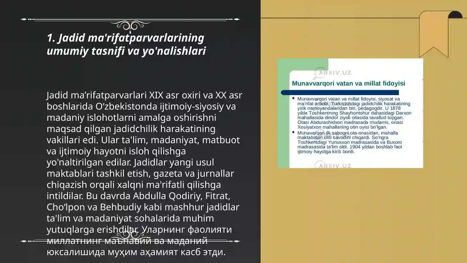 Jadid ma'rifatparvarlarining o'lka ijtimoiy-ma'naviy hayotida tutgan o'rni (Munavvar Qori, Fitrat, Behbudiy, Avloniy va boshqalar) 3