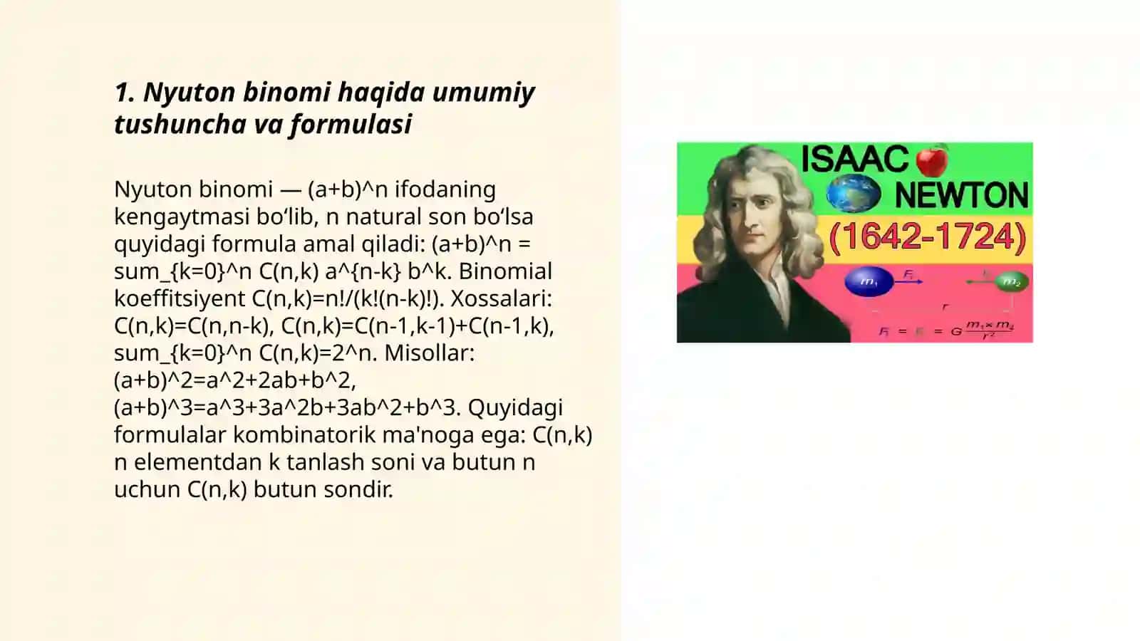 Nyuton binomi haqida umumiy ma'lumot sonlarning xossalari Kombinatorika geometriyada 3