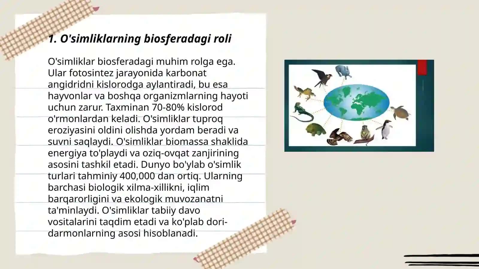 O'simlik va hayvonlarning biosferadagi o'rni O'zbekiston florasi, faunasi va ularni muhofoza qilish 3