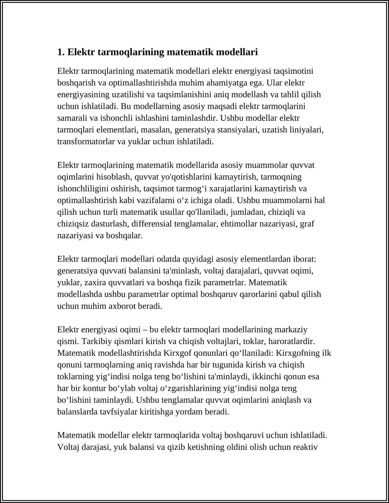Elektr tarmoqlarining matematik modellari 3