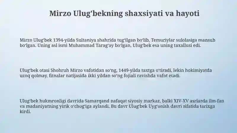 Mirzo Ulug'bekning pedagogik g'oyalari va ma'rifatparvarlik faoliyati 3
