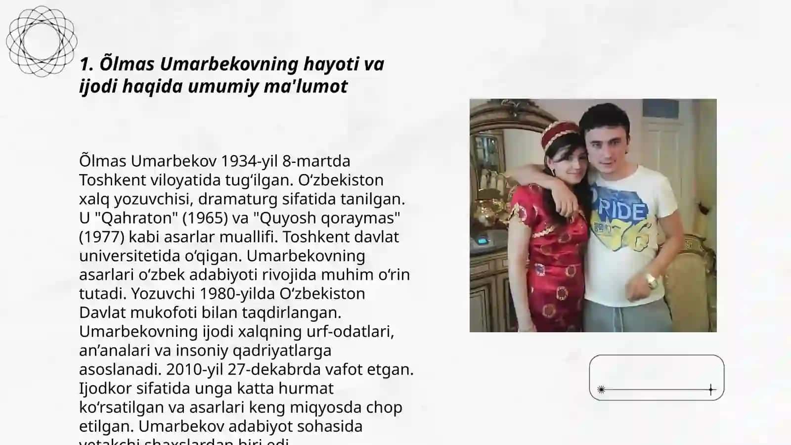 Õlmas Umarbekovning hayoti va ijodi vz Qiyomat qarz asari haqida uning qahramonlari vaqida 3
