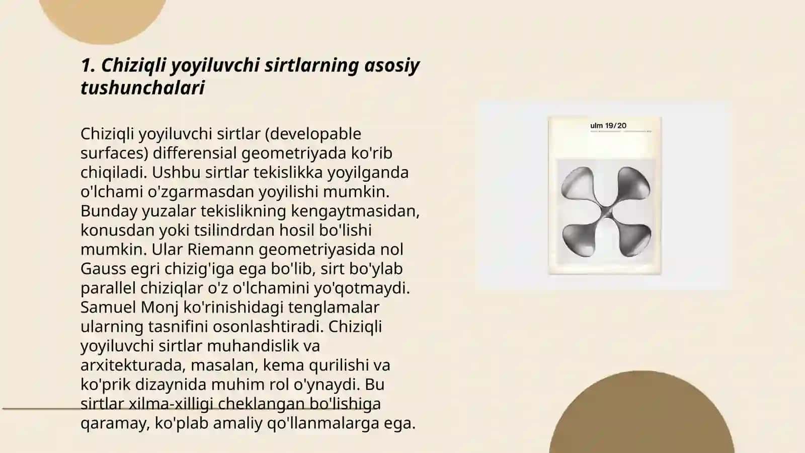 Chiziqli yoyiluvchi sirtlarning yoyilmalarini yasash usullari 3