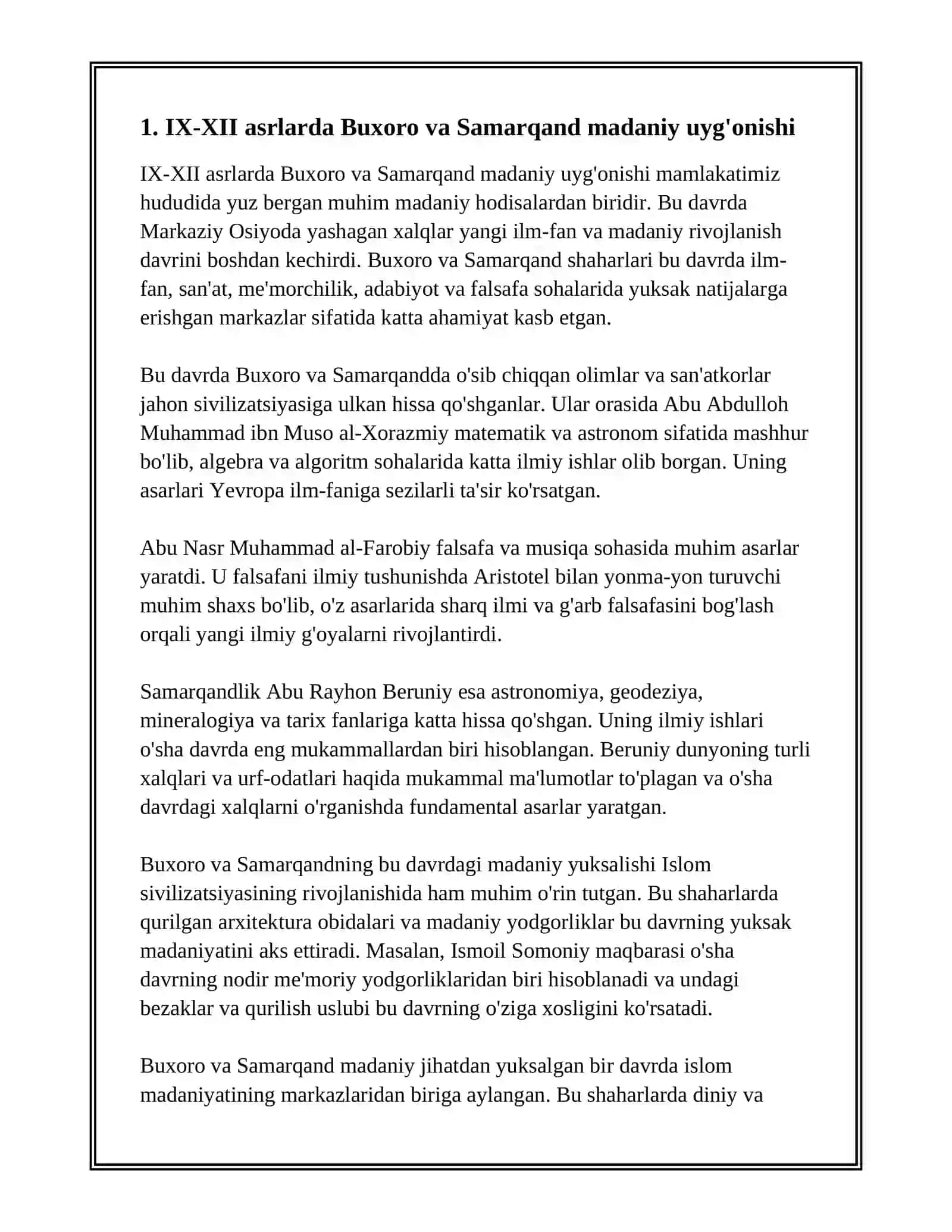IX-XII ASRLARDA MAMLAKATIMIZ HUDUDIDA RO'Y BERGAN MADANIY UYG'ONISH(RENESSANS). BUYUK ALLOMALARNING JAHON SIVILIZATSIYASIGA QO'SHGAN HISSASI 3