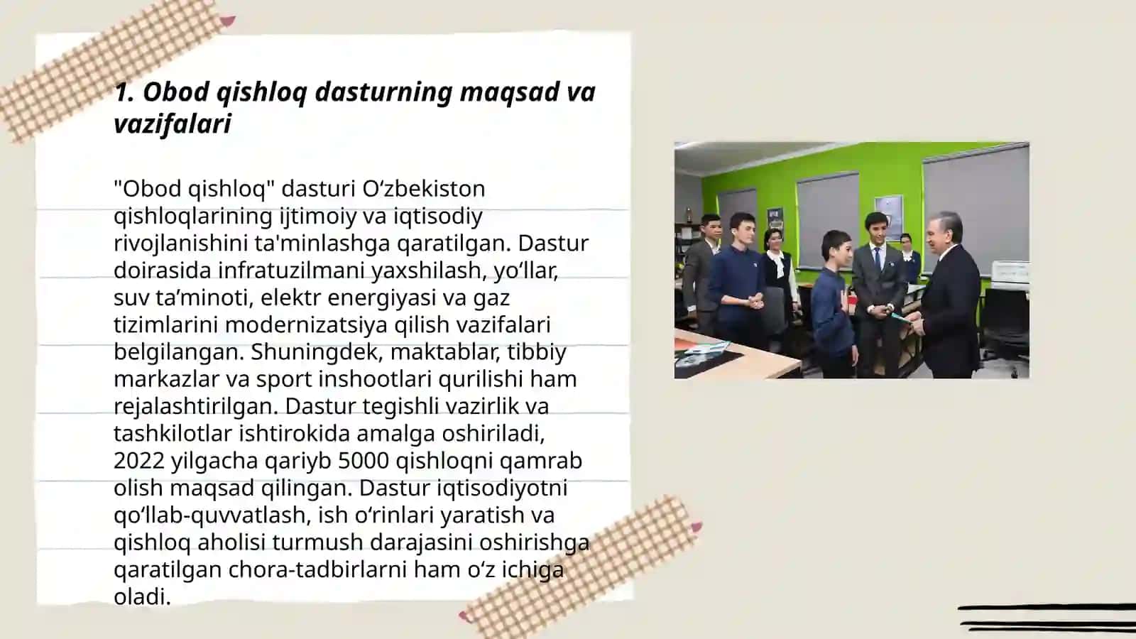 O'zbekistonda "Obod qishloq" davlat dasturi qishloq axolisining turmush darajasini yaxshilash va ularni ish bilan ta'minlash masalalari 3