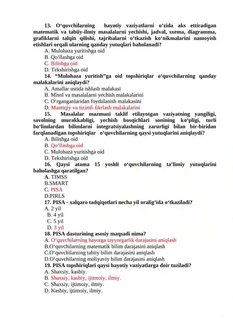 "BOSHLANG‘ICH TA’LIMNING XALQARO DASTURLARI” FANIDAN 4-KURS BOSHLANG’ICH TA’LIM (SIRTQI) YO‘NALISHI TALABALARI UCHUN YAKUNIY NAZORAT SAVOLLARI 3
