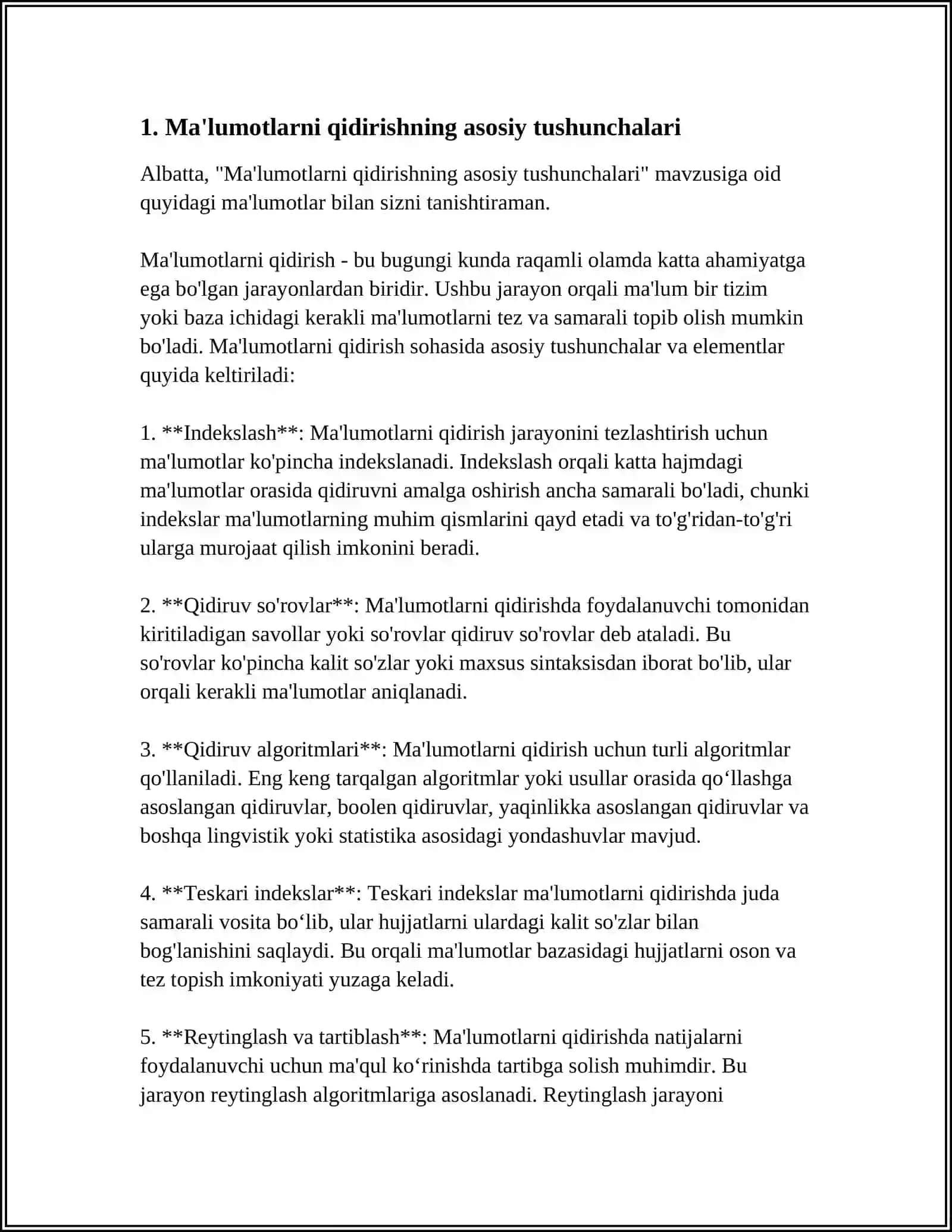 MA’LUMOTLARNI QIDIRISH USULALARI, ALGORITMLARI VA ULARNING SAMARADORLIGI. QIDIRUV TUSHUNCHASI VA UNING VAZIFALARI 3