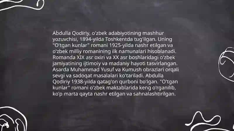 Abdulla Qodiriyning O'tgan kunlar va O'tkir Hoshimovning Dunyoning ishlari romanlari haqida nimaga asoslangan nima maqsadlarda yozilgan qahramonlari hayoti o'xshashligi haqida taqqoslangan taqdimot 3