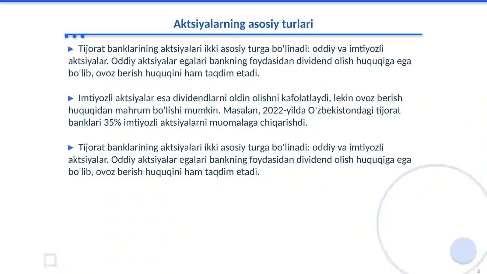 Tijorat banklari tomonidan o'z aktsiyalarini muomalaga chiqarish va ularning hisobi 3