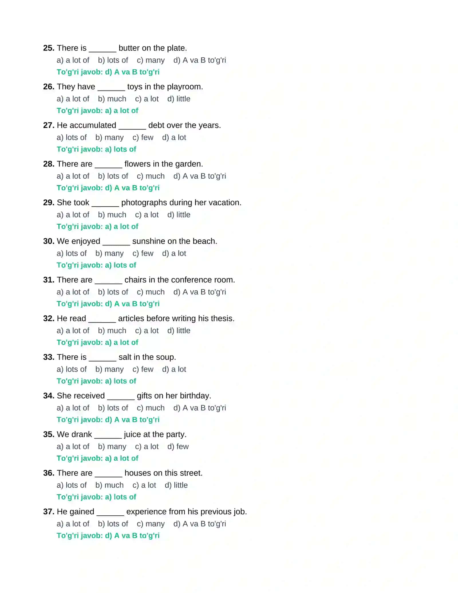 "A lot of / Lots of" mavzusidagi 150 talik test to'plami javoblari bilan 3