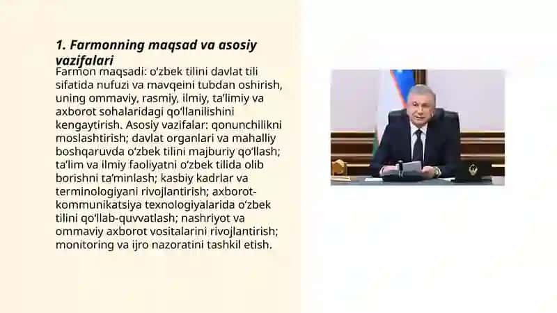 O'zbek tilining davlat tili sifatidagi nufuzi va movqeyini tubdan oshirish chora-tadbirlari to'g'risidagi farmon 3
