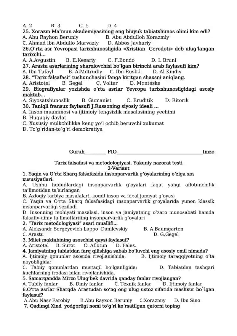 Tarix falsafasi va metodologiyasi. Yakuniy nazorat testi 3
