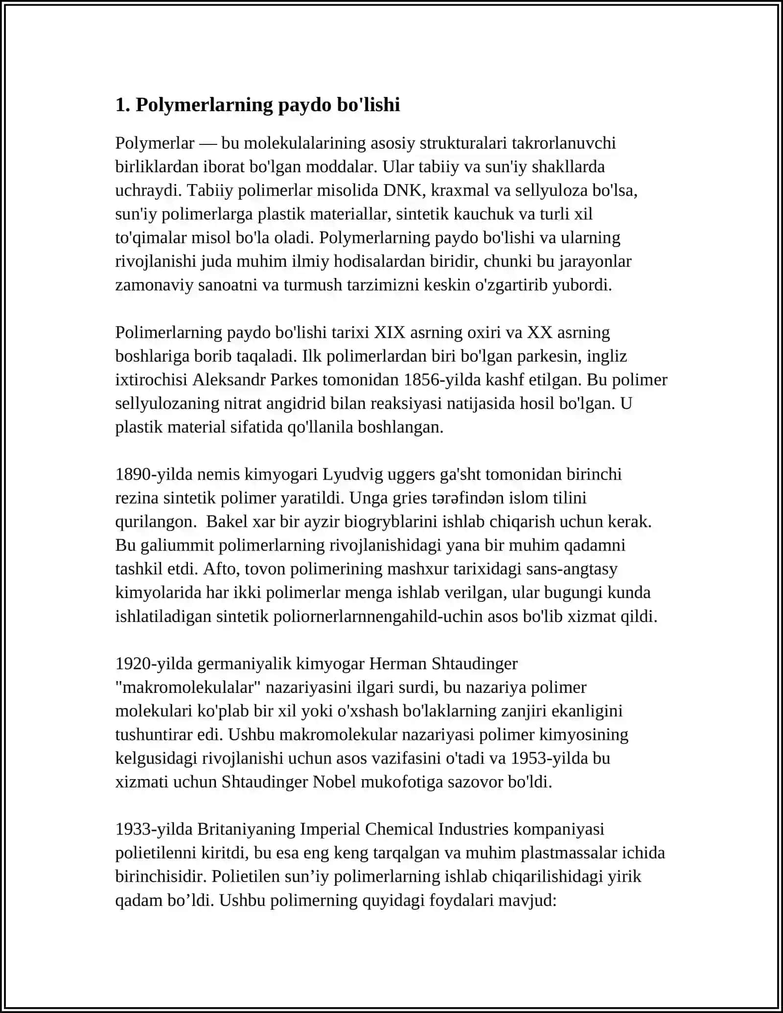 POLIMERLARNING OLINISHI VA QISHLOQ XOʻJALIGIDAGI AHAMIYATI.TABIIY VA SINTETIK KAUCHUKLAR 3