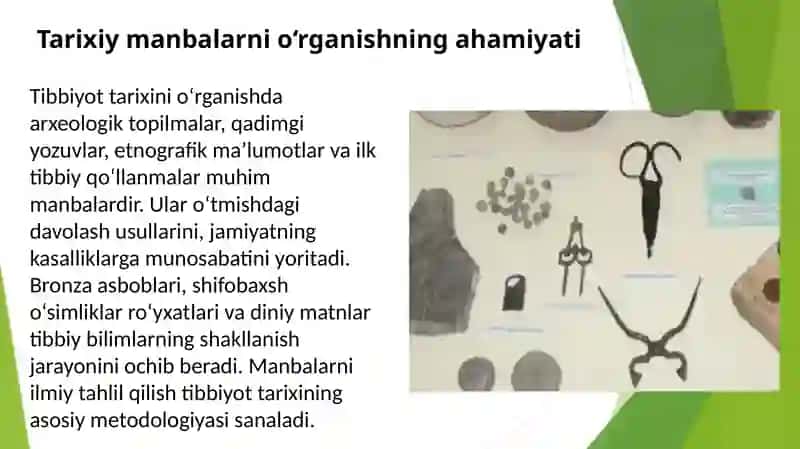 Jahon tibbiyot tarixi davri. Tibbiyot tarixini o’rganishda tarixiy manbalarnign ahamiyati. Ibtidoiy jamiyatda tibbiy bilimlarning paydo bo’lishi, ularda diniy qarashlarning o’rni. Islomda tibbiyot rivoji 3