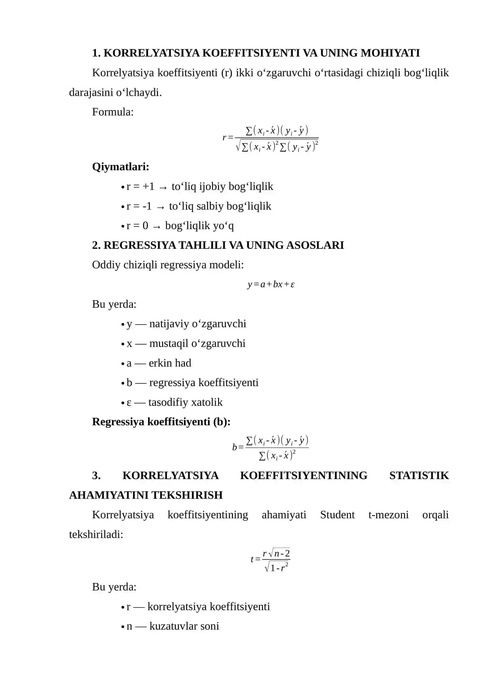 REGRESSIYA VA KORRELYATSIYA KOEFFITSIYENTINING STATISTIK AHAMIYATINI BAHOLASH 3