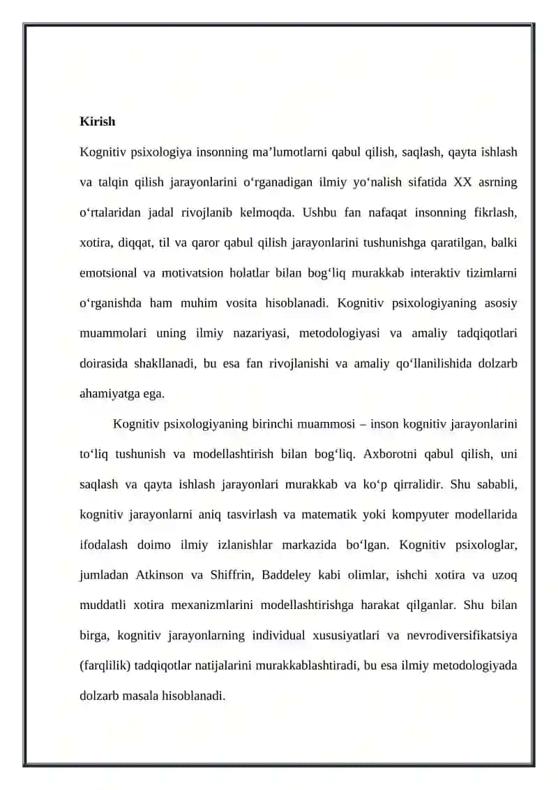 Kognitiv psixologiyadan mustaqil ish 3