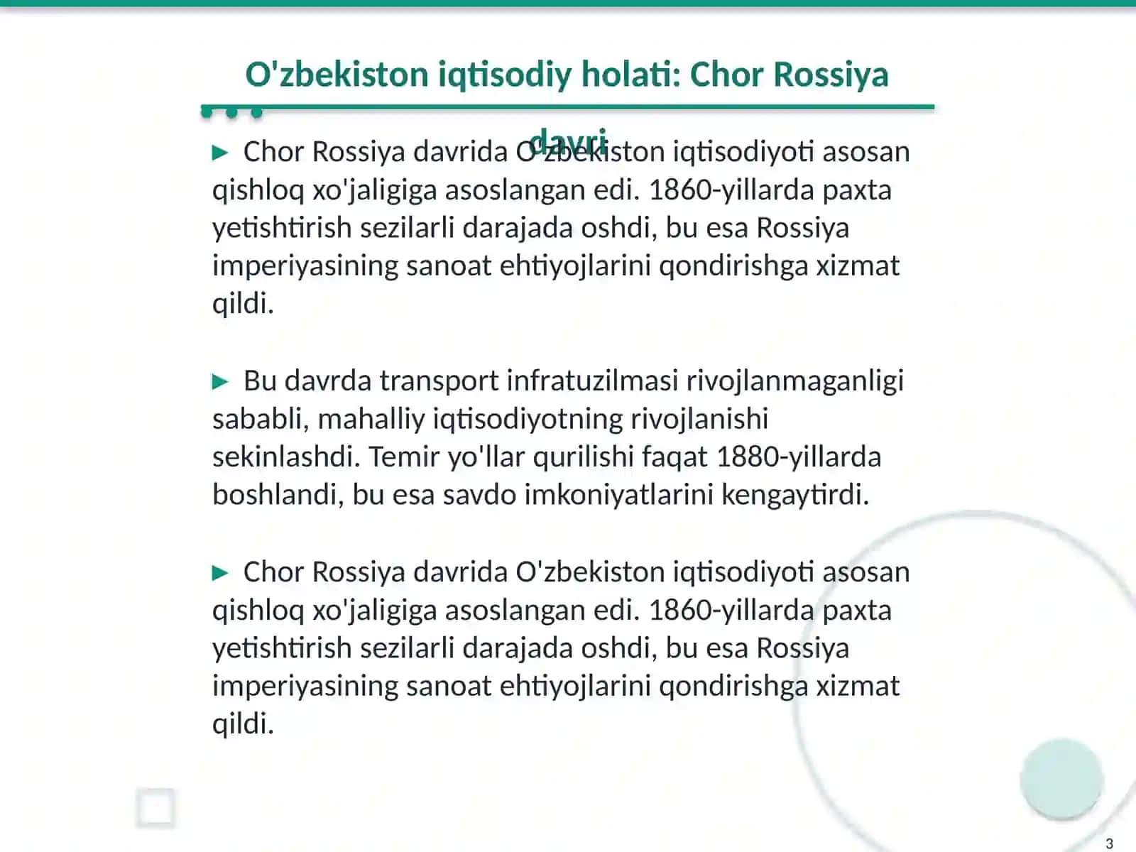 O'zbekistonning ijtimoiy-iqtisodiy ahvoli: "Istibdoddan- Istiqlolgacha" Tohirjonova Oydin 3