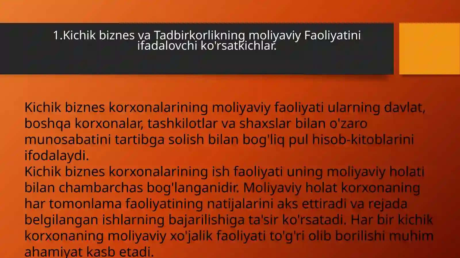 Kichik biznes va Tadbirkorlikning moliyaviy faoliyatini ifodalovchi ko'rsatkichlar 3