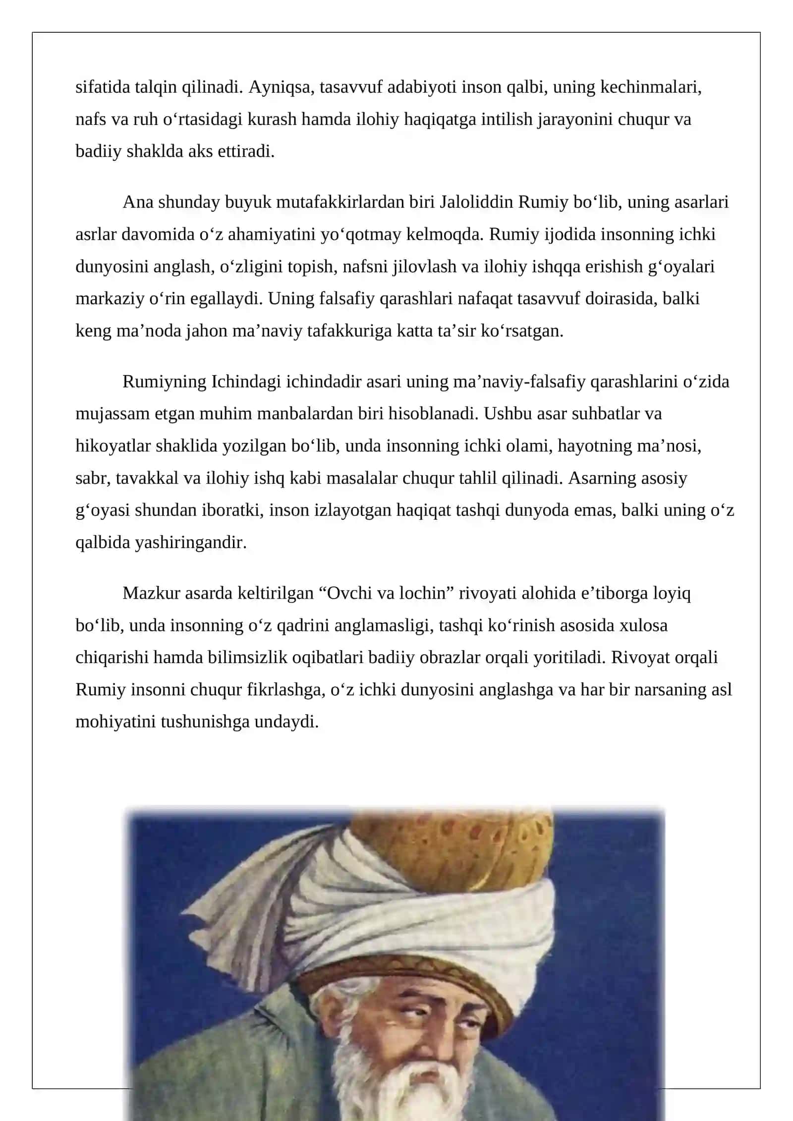 MUSTAQIL ISH, J.Rumiyning “Ovchi va lochin” rivoyatining mohiyati va uning tarbiyaviy ahamiyatini tahlil etish 3