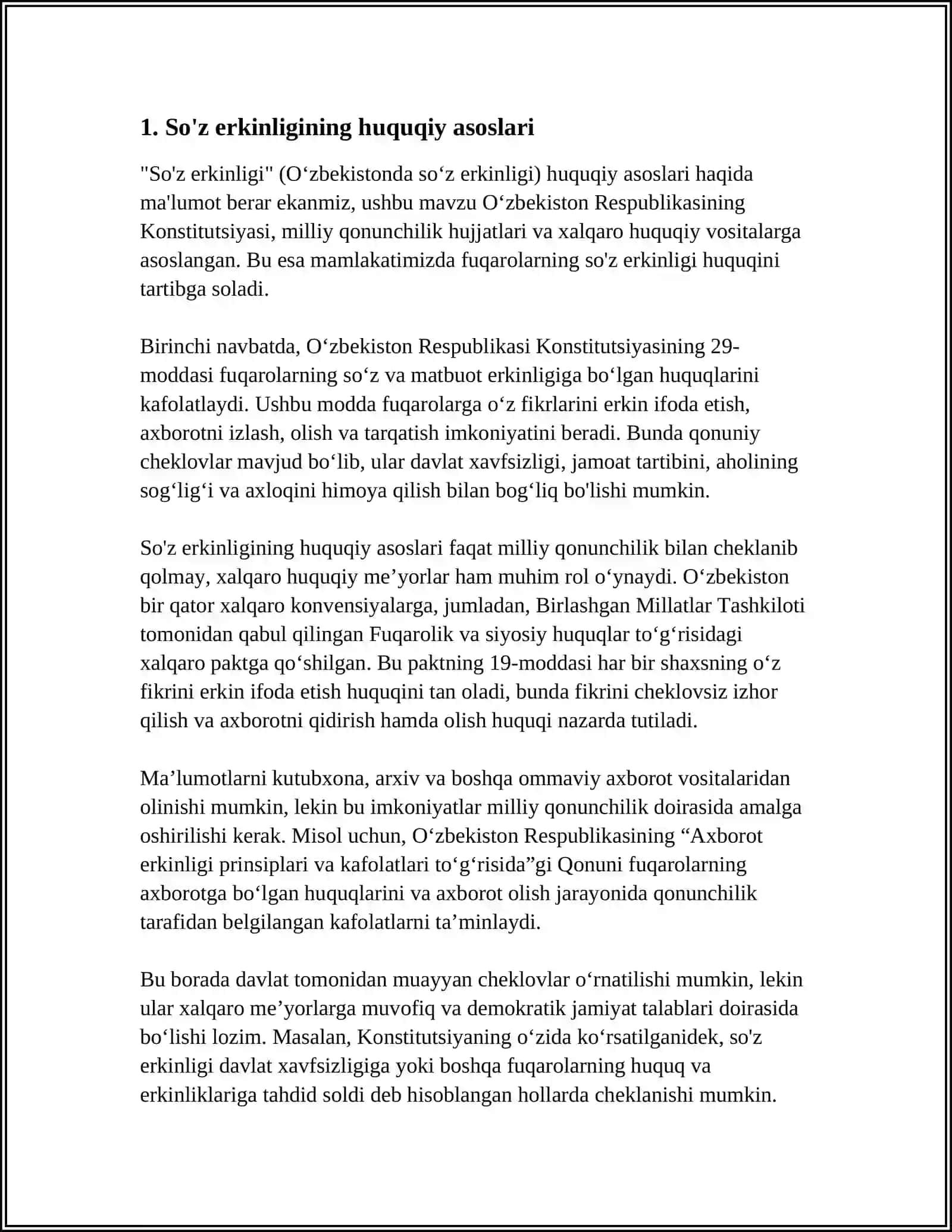 O'ZBEKISTON RESPUBLIKASIDA SO'Z ERKINLIGINI TA'MINLASH:OMMAVIY AXBAROT VOSITALARI VA MATBUOT 3