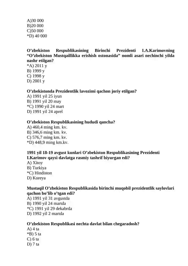 O‘zbekistonning eng yangi tarixi fanidan yakuniy nazorat test savollari (200 ta) 3
