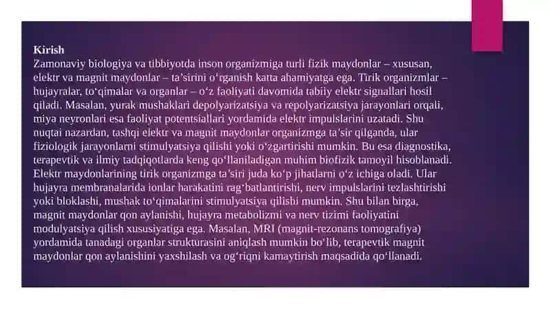 Elektr va magnit maydonlari va ularning tirik  organizmga tasiri. Elektrografiya usullarini fizik asoslarini o'rganish (EKG EEG EMG) 3