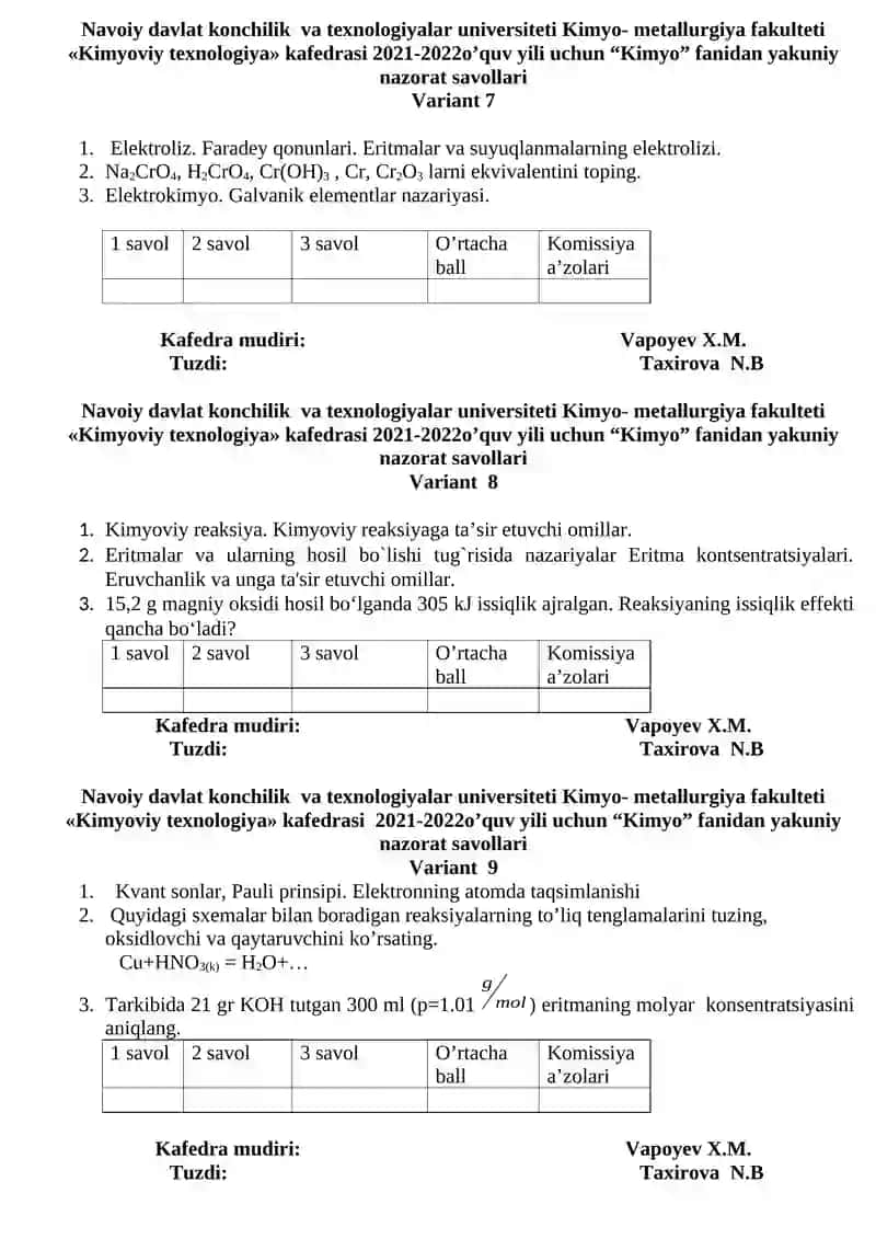 Kimyoviy texnologiya nazorat savollari 3