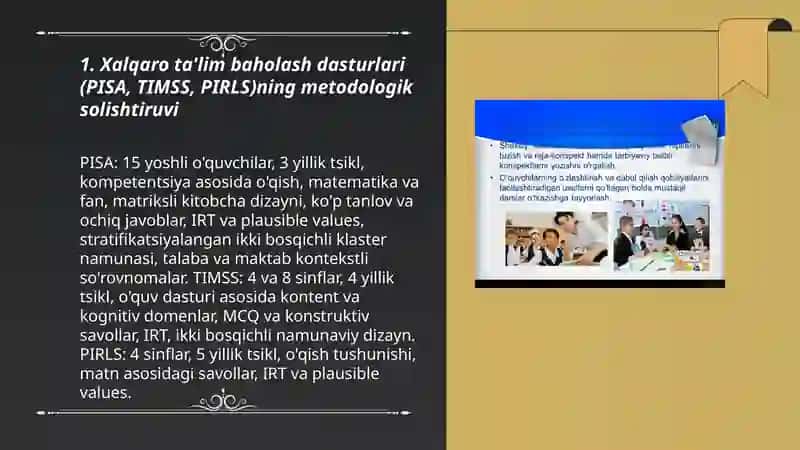 O‘QUVCHILARNING BILIM, KO‘NIKMA VA MALAKALARINI TASHXIS ETISH. TA‘LIM SIFATINI BAHOLASH BO‘YICHA XALQARO TADQIQOTLAR 3