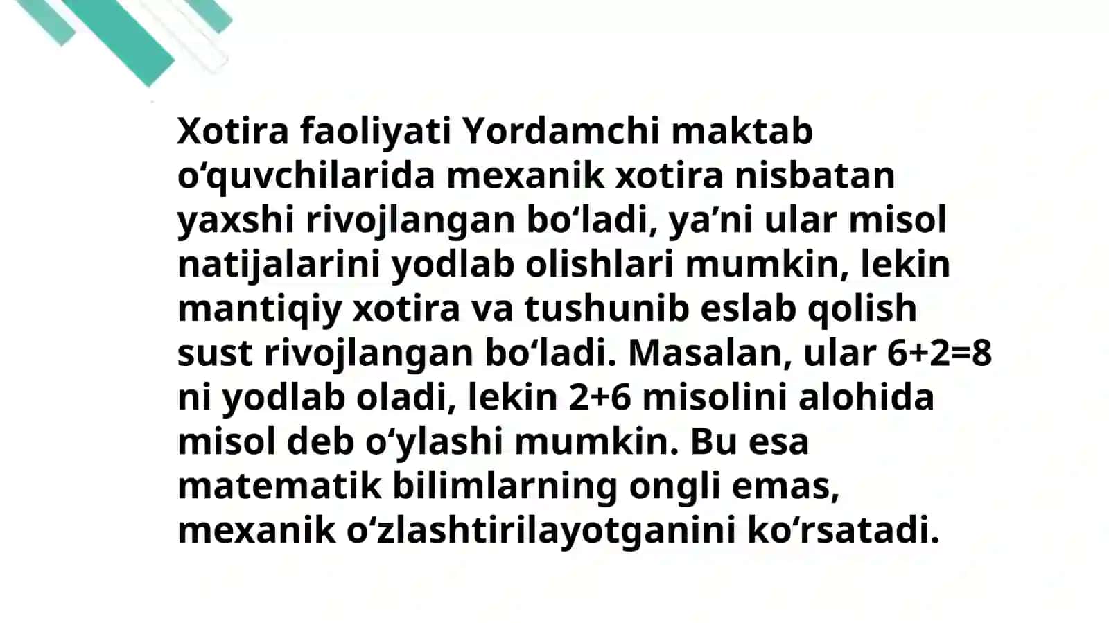 Yordamchi maktab o‘quvchilarining matematik bilimlarni o‘zlashtirish xususiyatlari. Oddiy kasrlar tushunchasini shakllantirish usullari. Yordamchi maktabdagióquvchilardaoddiykasrlarniózlashtrishnitahlilqilish 3