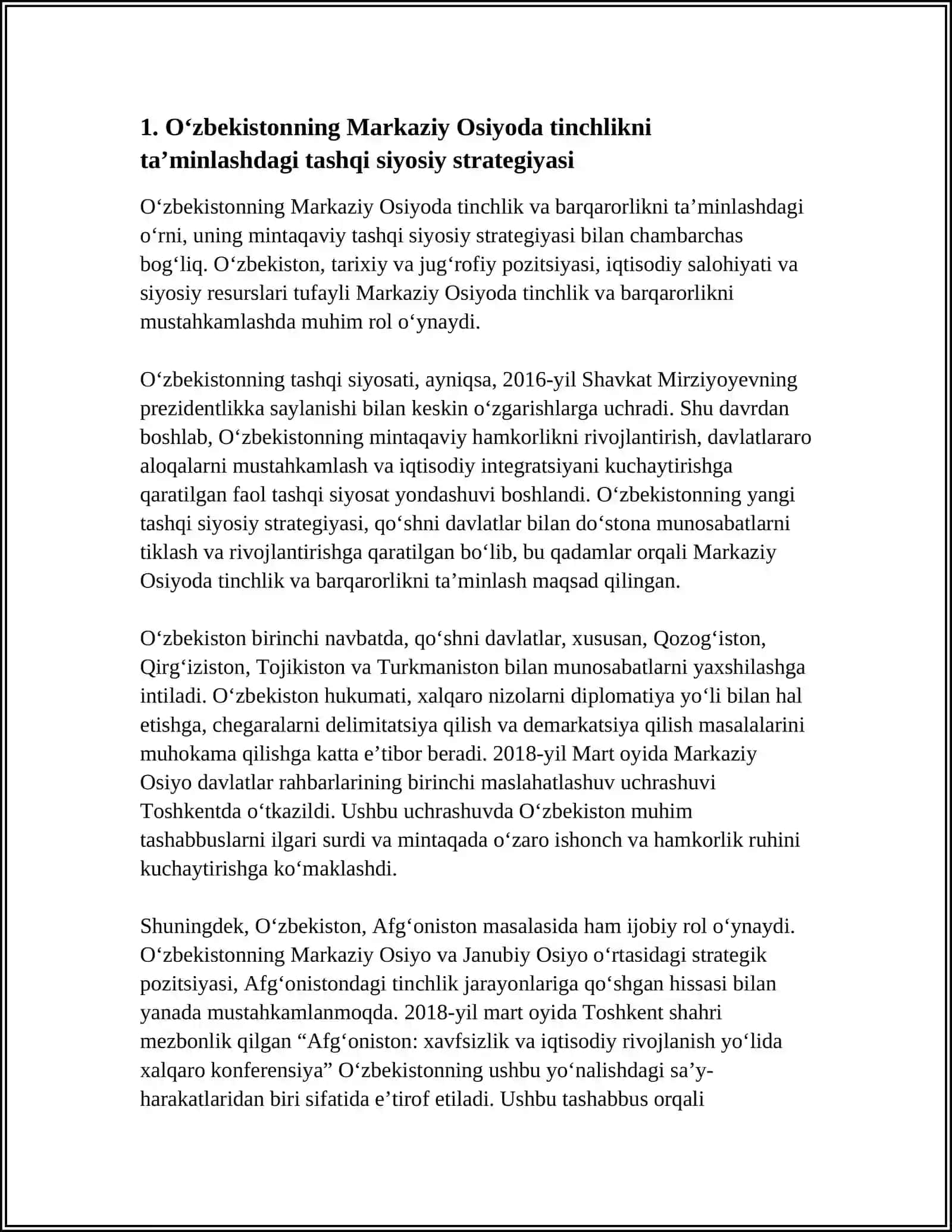 O‘zbekistonning Markaziy Osiyoda Tinchlik va Barqarorlikni Ta’minlashdagi O‘rni 3