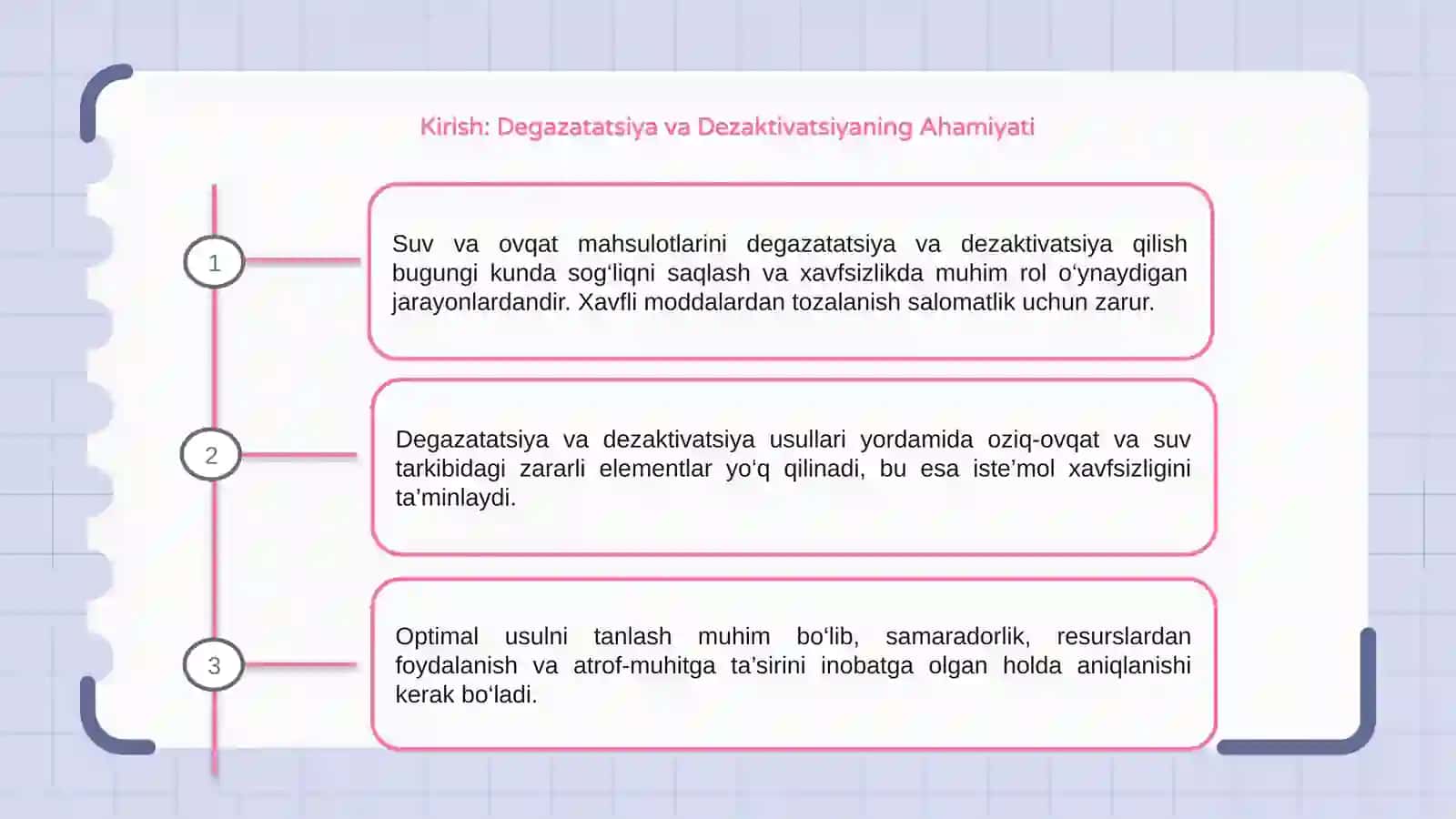 Suv va ovqat mahsulotlarini degazatatsiya qilish va dezaktivatsiya qilishdagi optimal usullarni tanlash 3