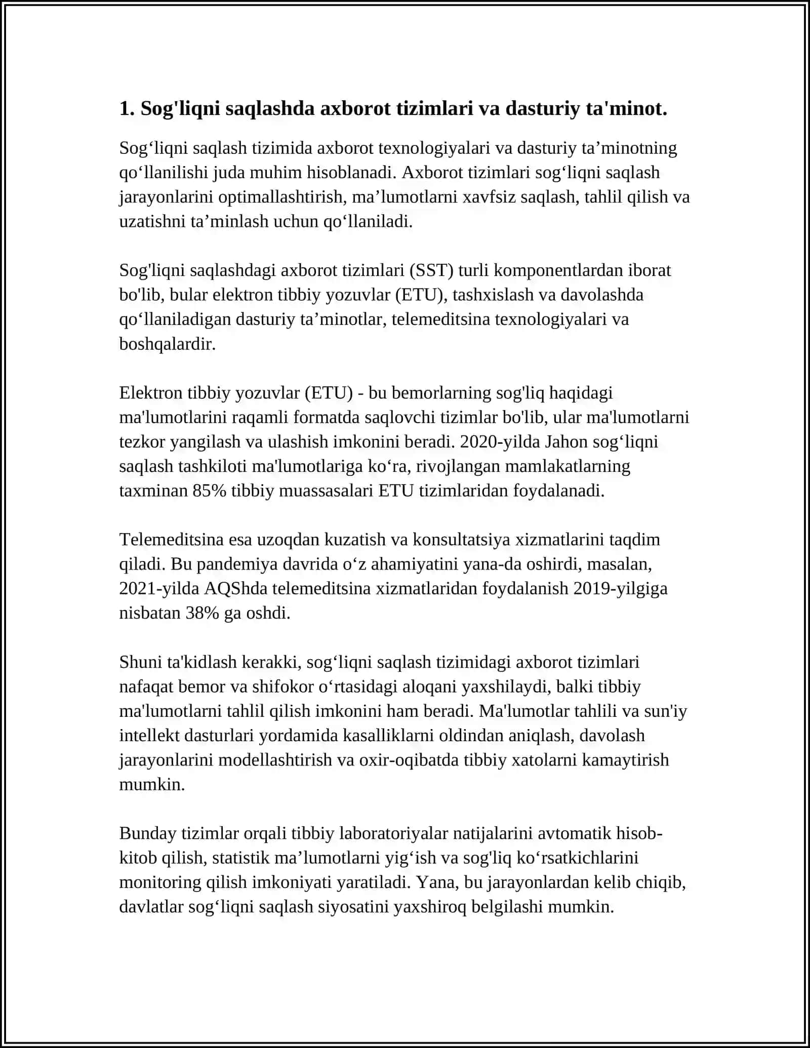 TIBBIYOTDA ISHCHI OʻRINLARINI AVTOMATLASHTIRISHDA VA TIBBIY MASALALARINI YECHISHDA AXBOROT TEXNOLOGIYALARI. DASTURIY TA'MINOT 3