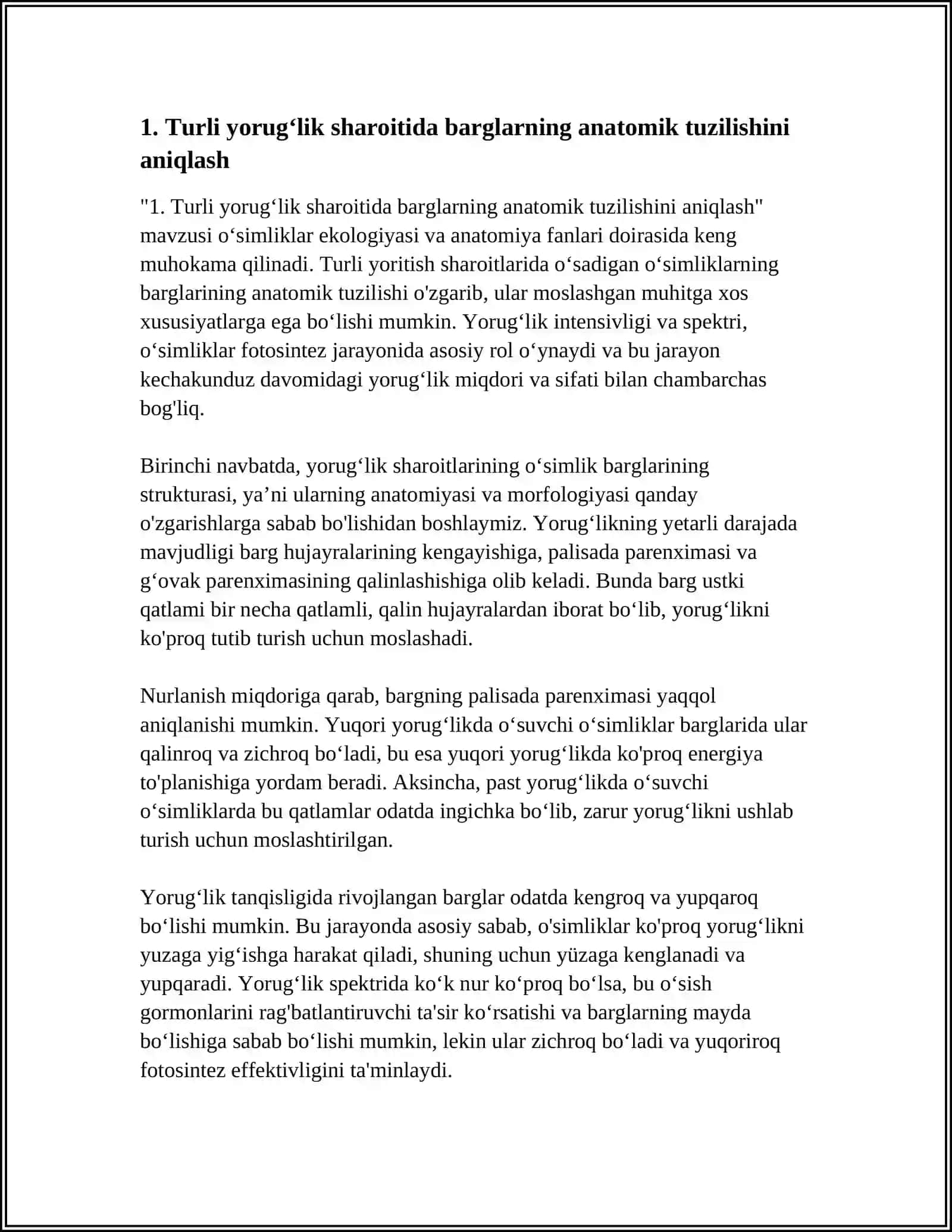 Turli yorugʻlik sharoitida barglarning anatomik tuzilishini aniqlash 3