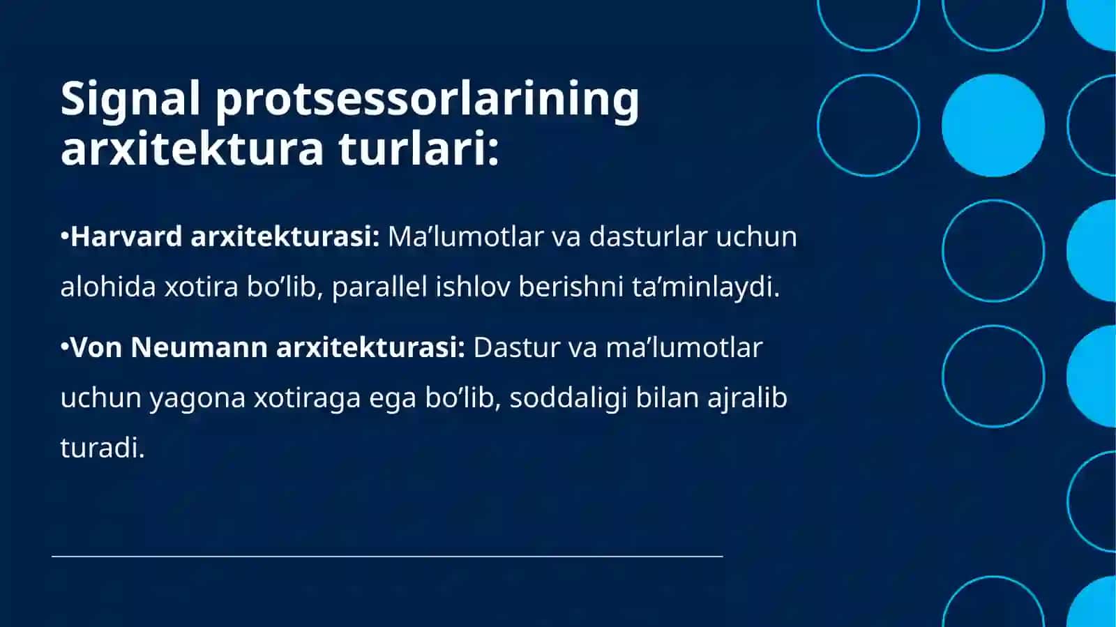 Signal protsessorlari arxitekturasining texnik parametrlari va optimallashtirish usullari. prezentatsiya 3
