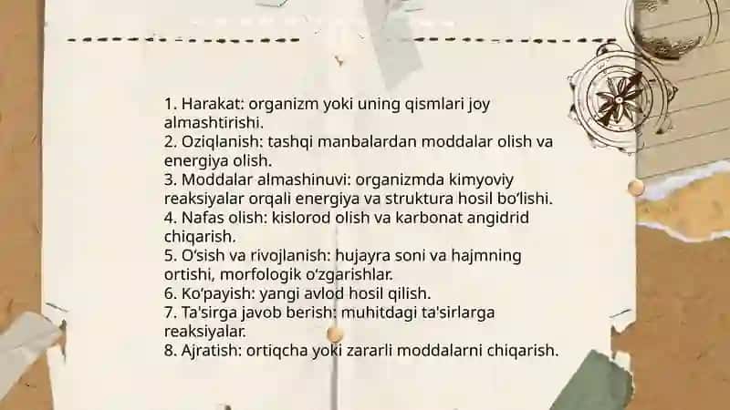 Tiriklik belgilari.Hujayra.Organizmning oziqlanishi,rivojlanishi va kupayishi 3