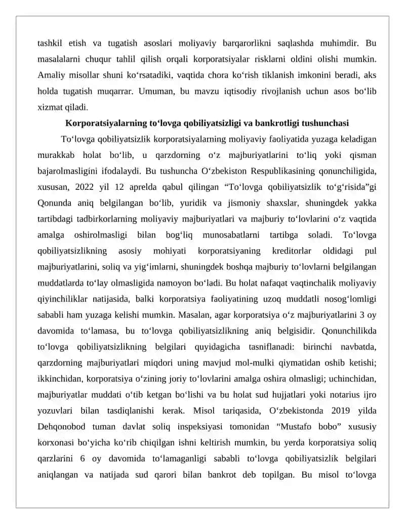 Korporatsiyalarning to'lovga qobilyatsizligi, bankrotligi, qayta tashkil etish, tugatish asoslari 3