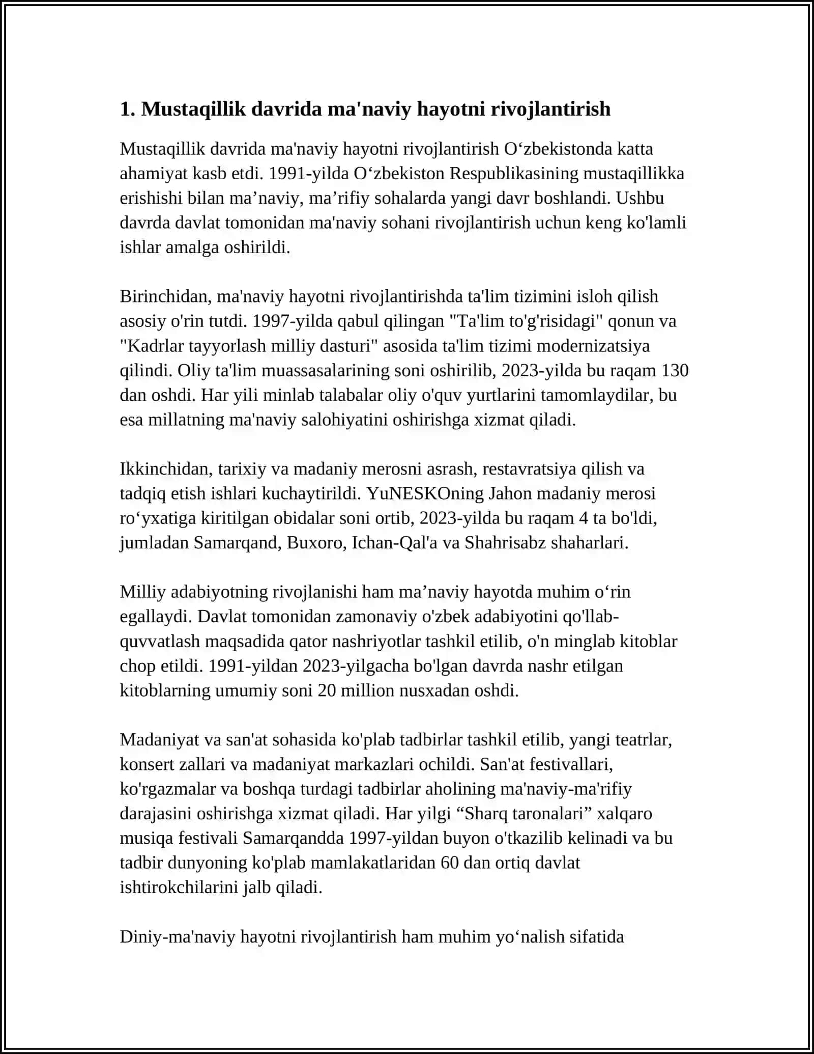 MUSTAQILLIK YILLARIDA MA'NAVIYAT, MADANIYAT VA TA'LIM SOHASIDAGI ISLOHATLAR 3