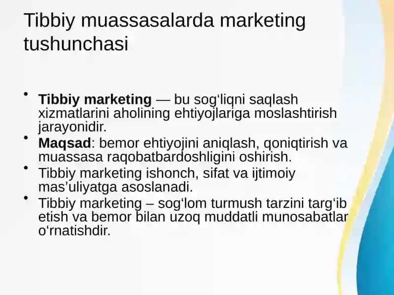 Tibbiy muassasalar marketingrejasi va marketing kompleksini ishlab chiqish 3