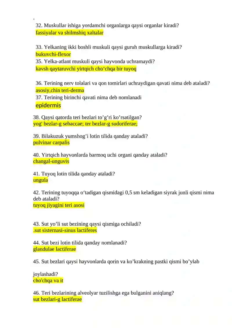 Hayvonlar anatomiyasi fanidan testlar savollari 3
