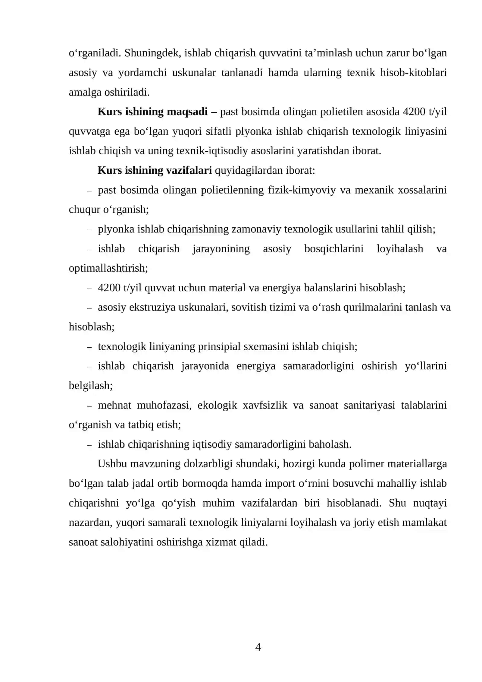 Ish unumdorligini 4200 t/yil boʻlgan past bosimda olingan PE dan plyonka ishlab chiqaradigan texnologik liniyasini loyihalash 3