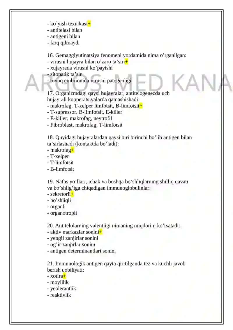 Bakteriologiya mutaxassisligi bo’yicha shakllantirilgan test savollari ro’yxati 3