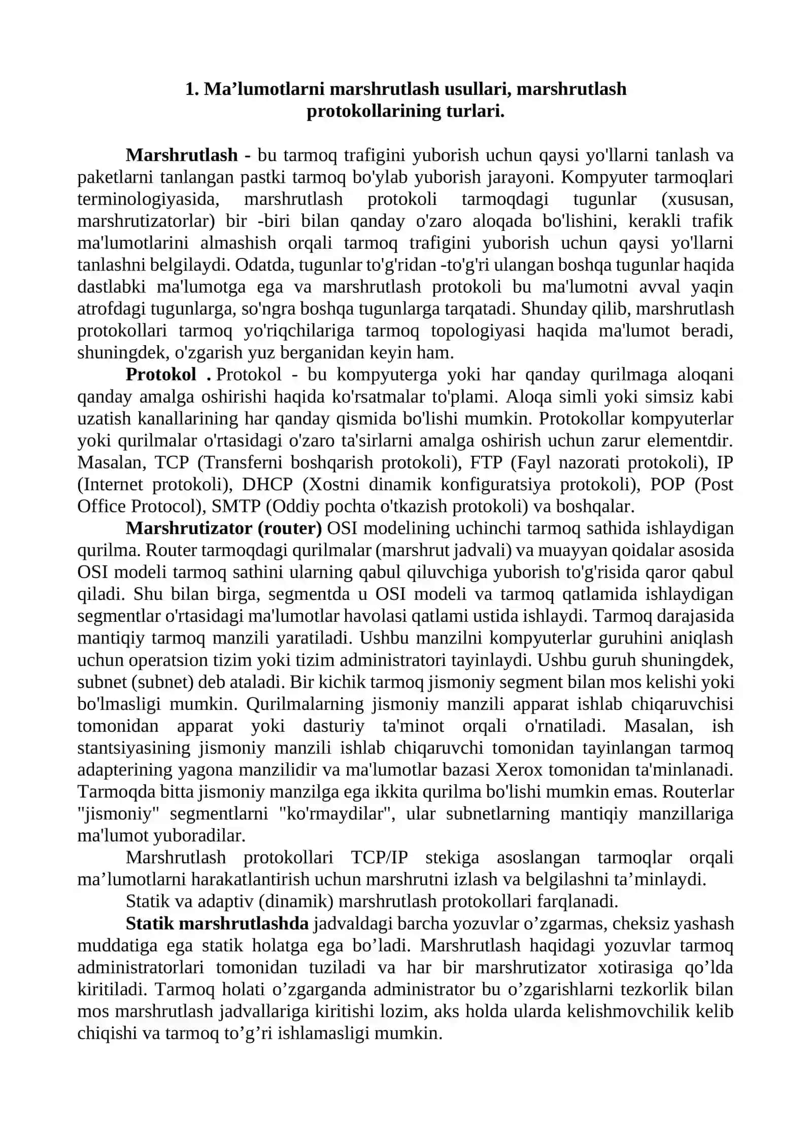 Ma’lumotlarni marshrutlash usullari, marshrutlash protokollarining turlari 3