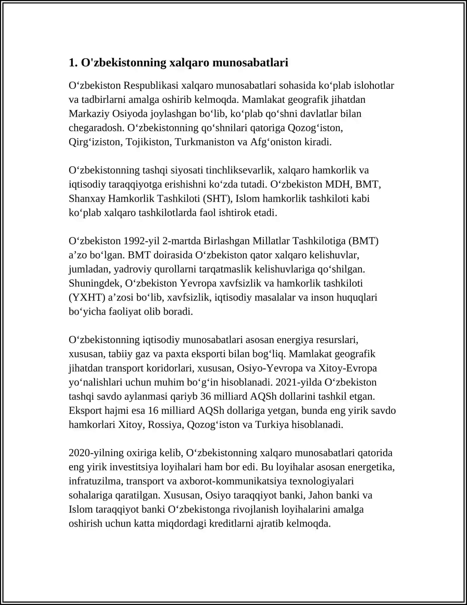 MUSTAQIL ISH Mavzu: OʼZBEKISTON VA JAXON AHAMIYAT 3