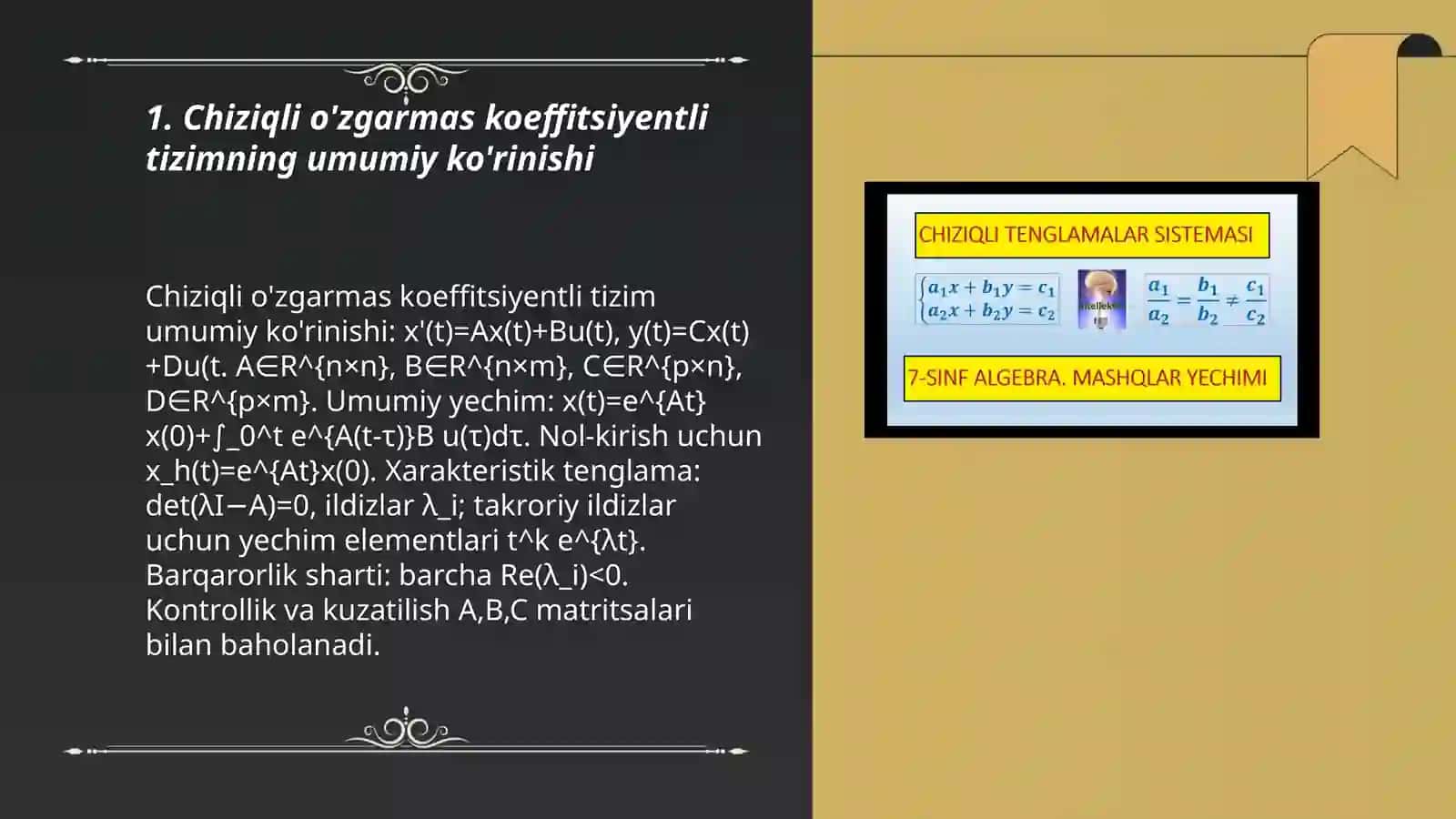 Chiziqli o'zgarmas koeffitsiyentli sistema Xarakteristik tenglamalar umumiy yechimi 3