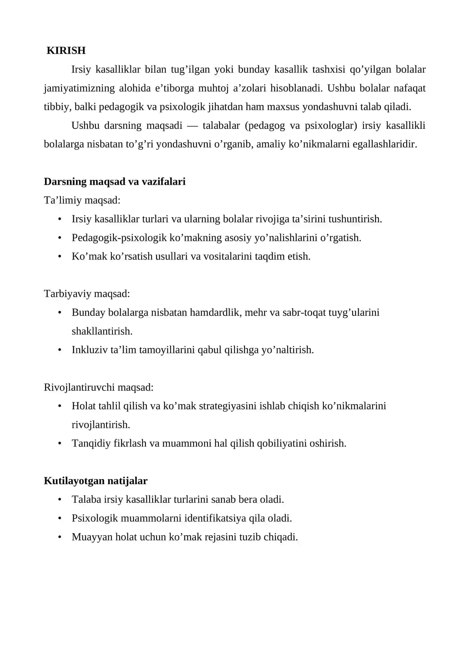 BOLALARDA IRSIY KASALLIKLAR BILAN KASALLANGAN BOLALARGA PEDAGOGIK-PSIXOLOGIK KO’MAKLASHISH 3