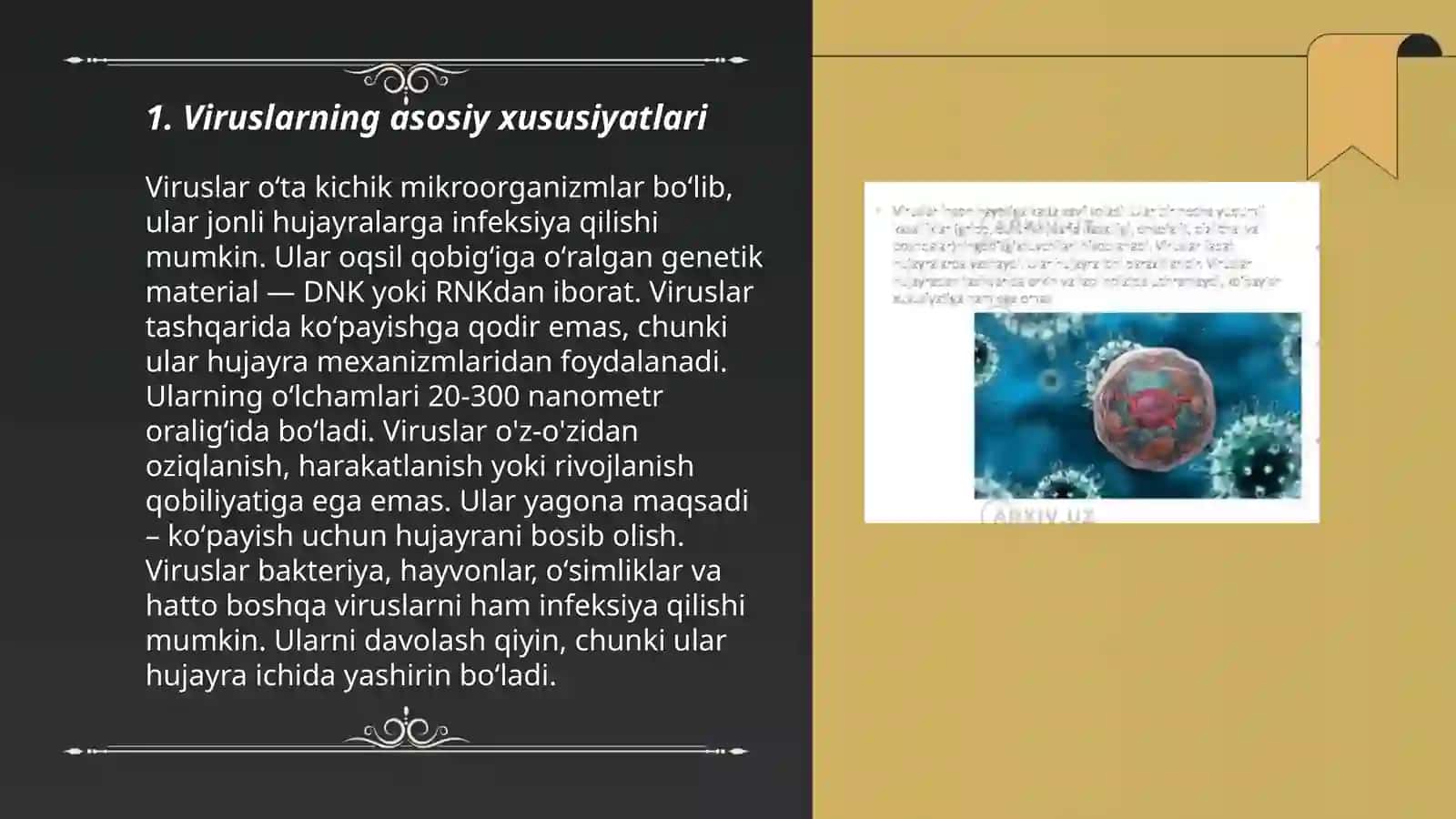Umumiy virusologiya.Viruslar haqida umumiy tushuncha,ularning tuzulishi va klassifikatsiyasi 3