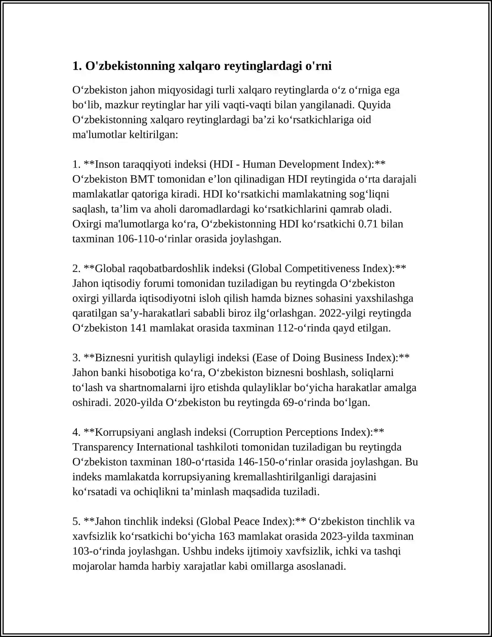 O'ZBEKISTONNI XALQARO REYTINGLARDAGI KO’RSATKICHLARINI KO'TARISHNING TARIXIY VA SIYOSIY AHAMIYATI 3